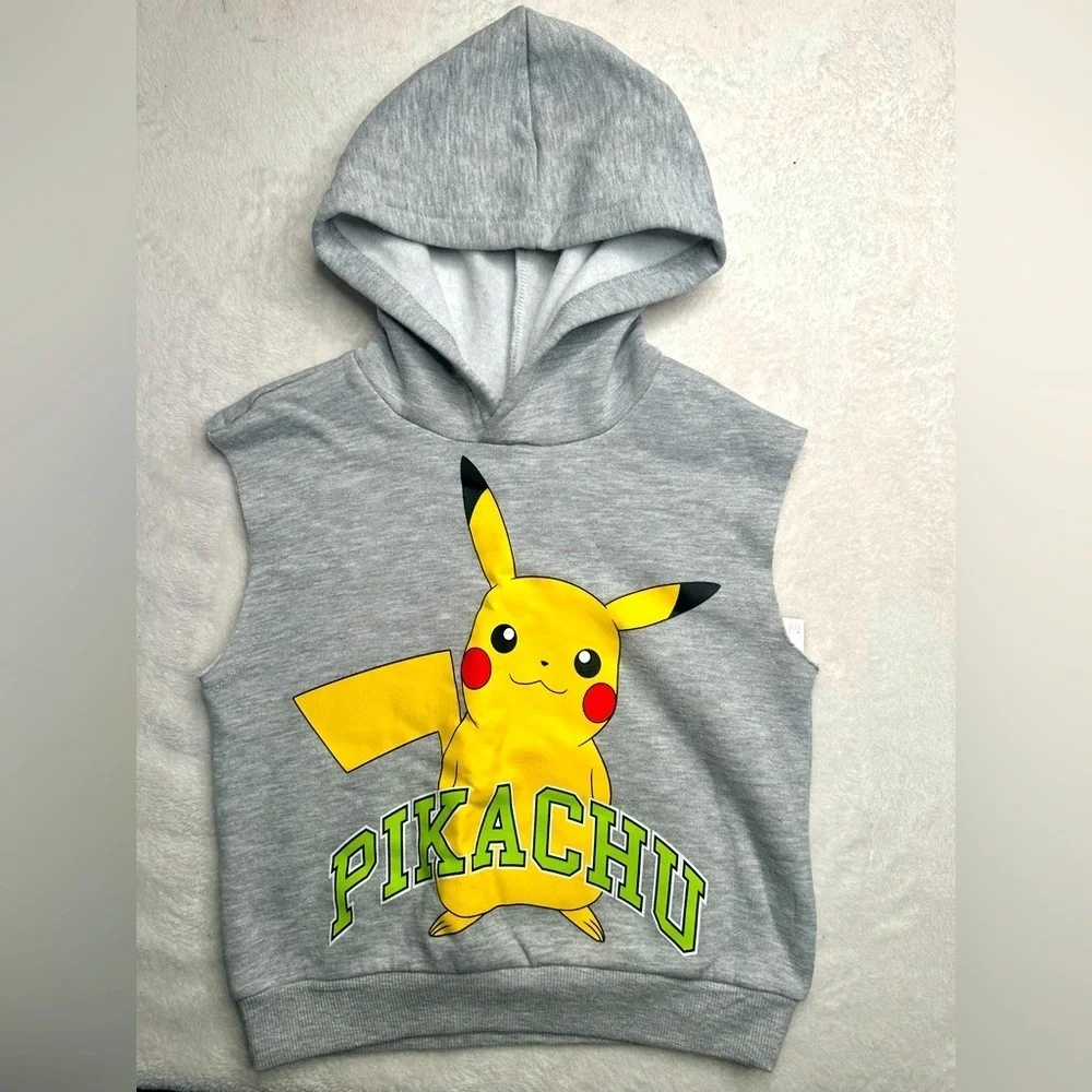 Pokemon Pikachu Kids Size XS Sleveless Sweat Hoodie Sweatshirt Gray